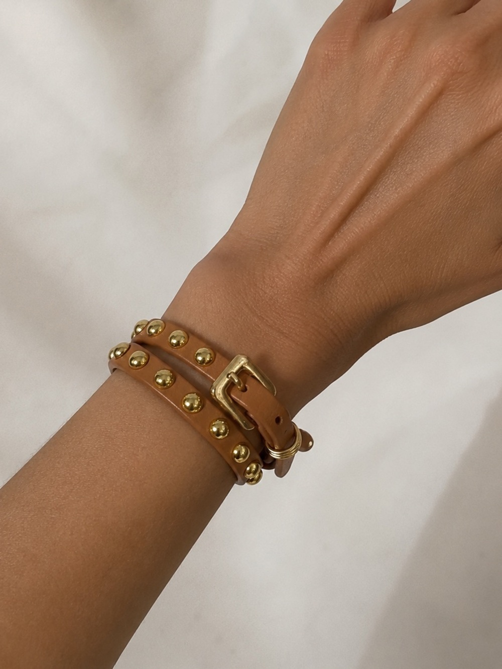Massimo Dutti Tan Leather Double Wrap Studded Bracelet Gold Tone